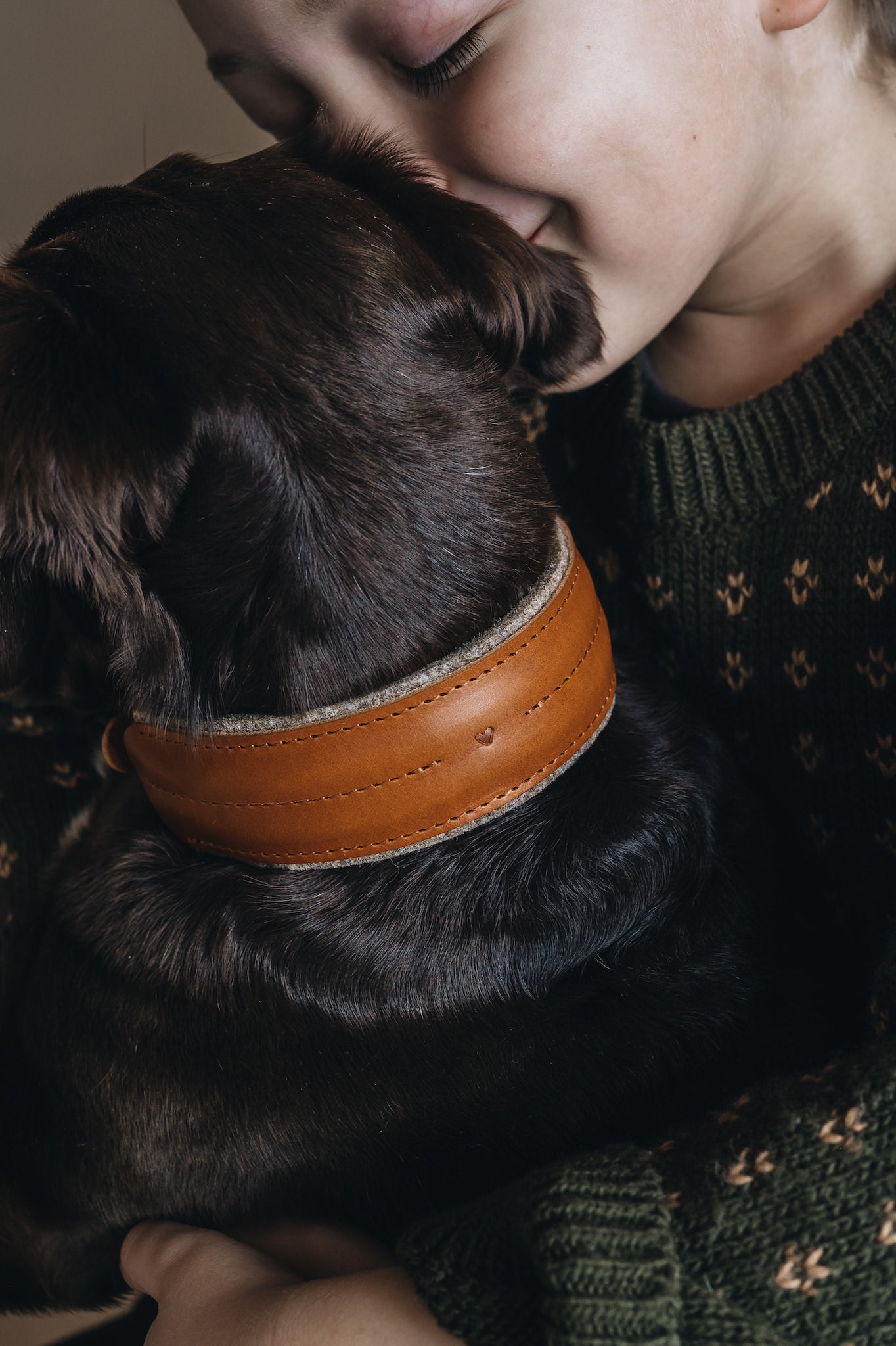 Emerald Green Dog Collar with Dark Brown Leather + Yellow and Tan Stitching